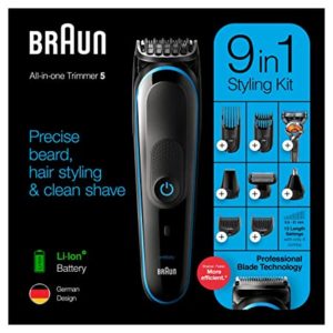 Braun 9-in-1 All-in-one Trimmer 5 MGK5280, Beard Trimmer for Men, Hair Clipper and Body Groomer with Autosensing Technology, 13 length settings, 100 min run time and 7 Attachments, Black/Blue